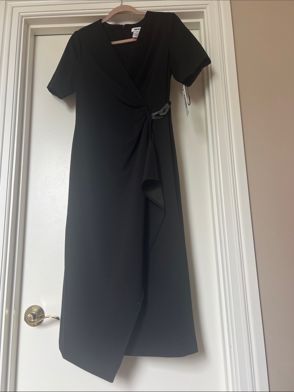 DKNY Black Wrap Midi Dress with Rhinestone Side Accent